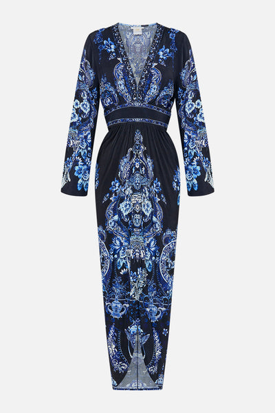 Gathered V Neck Jersey Dress - Delft Dynasty